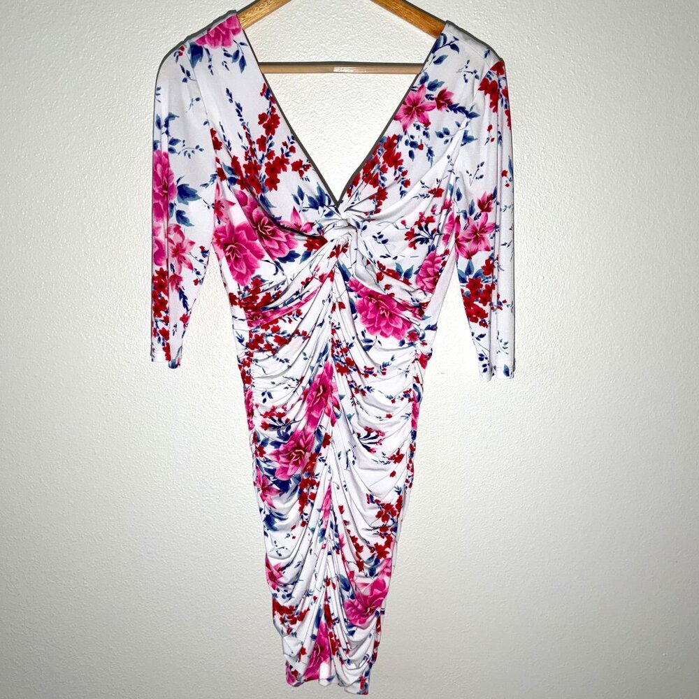 Guess Floral Bodycon Ruched‎ V-Neck Dress Size 6